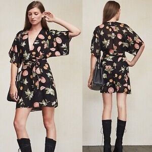 NWOT REFORMATION Tahara Fruit Fruitcake Wrap Mini Black Dress Sz XSmall